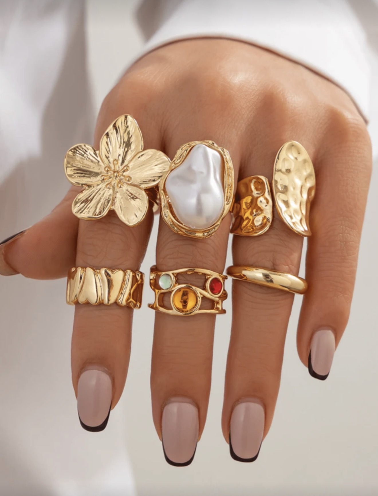 6 pièces/Set Bague rétro design fleur métallique et strass