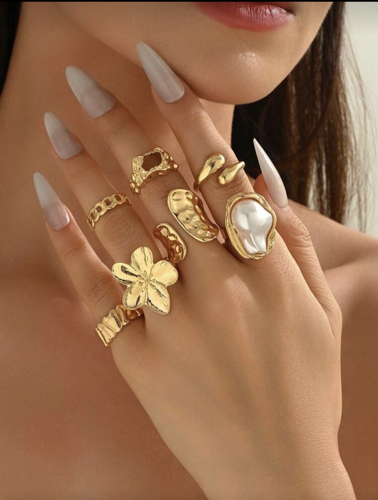 6 pièces/Set Bague rétro design fleur métallique et strass